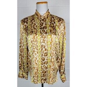 Vtg Starington by Charlotte Womens Leopard Gold Chain Print Silk‎ Blouse Sz 8